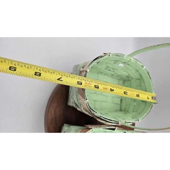 2 Vintage Mint Pink Painted Small Easter Basket Chicks Eggs Stripes Bow - Picture 6 of 12